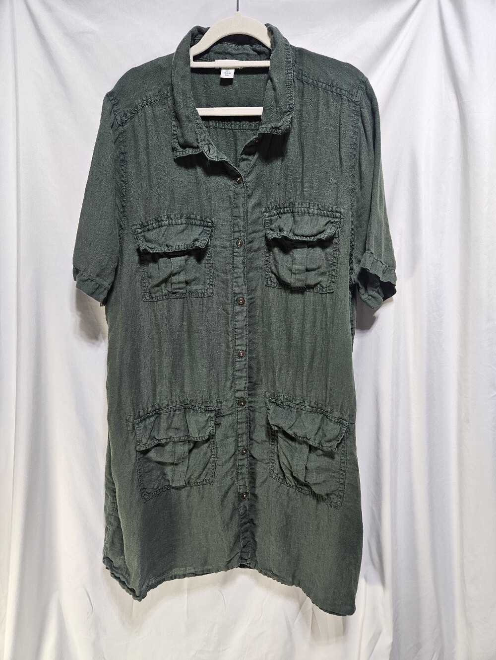 Sundance 100% Linen Utility Shirt Dress Olive Green Button Front XXL